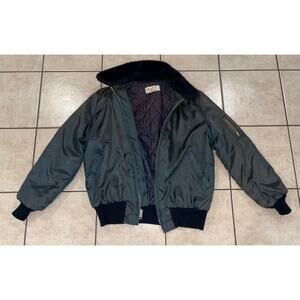 Vintage flight jacket bomber 100% Nylon navy zip up fur collar